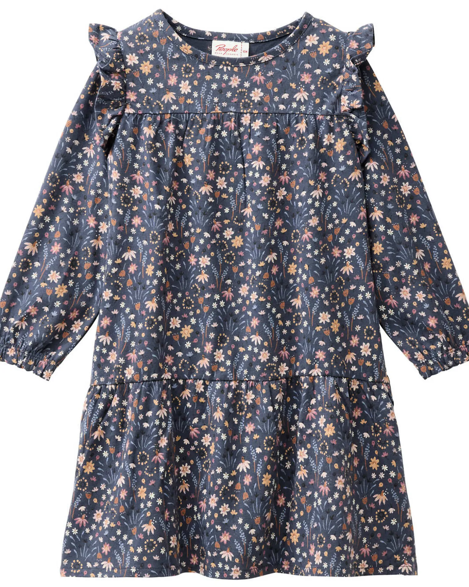 Abito Maniche Lunghe a Fiori - Blu - Cotone GOTS