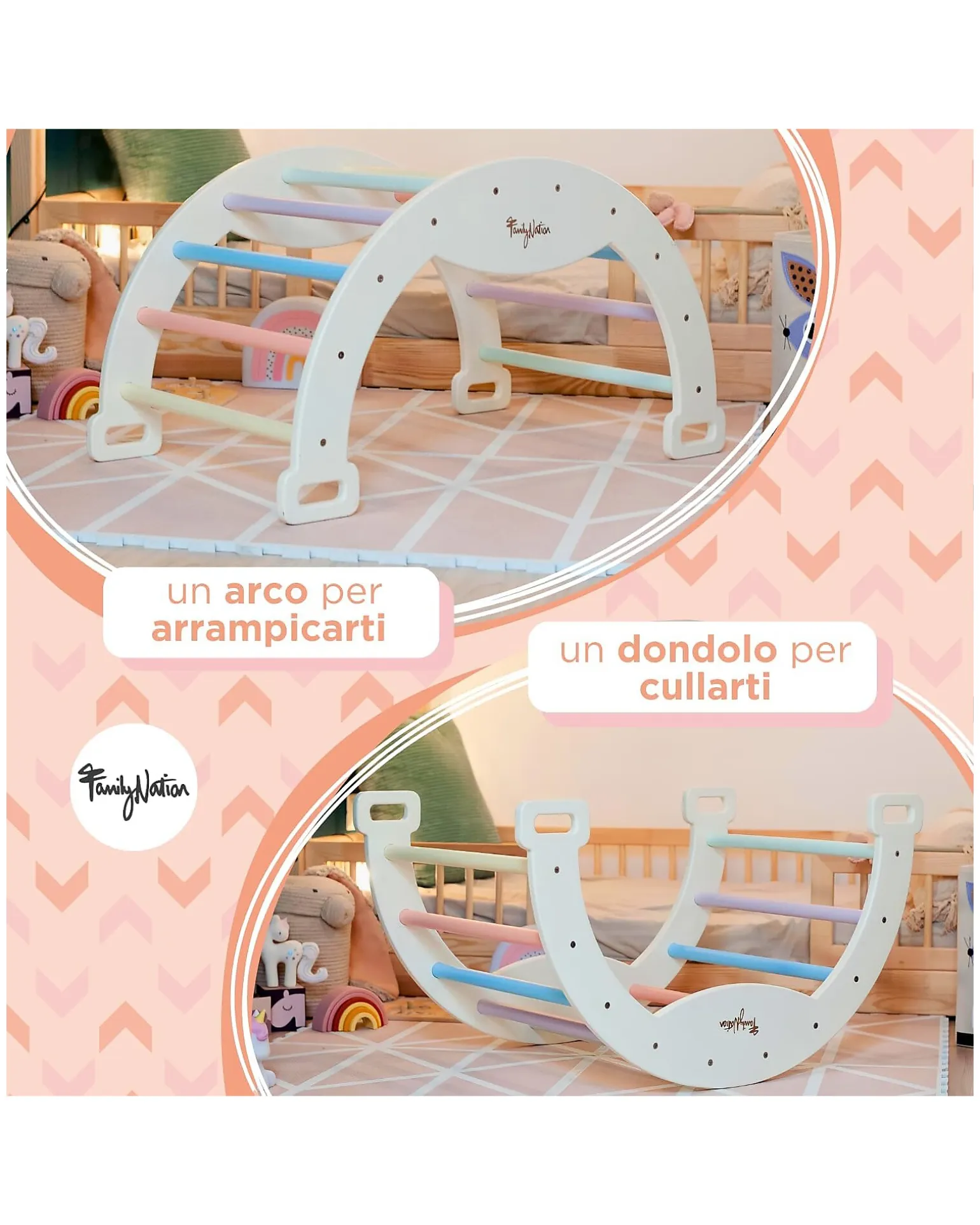 Arco Montessori Rainbow - Cotton Candy + Cuscino - Sviluppa Equilibrio e Agilità