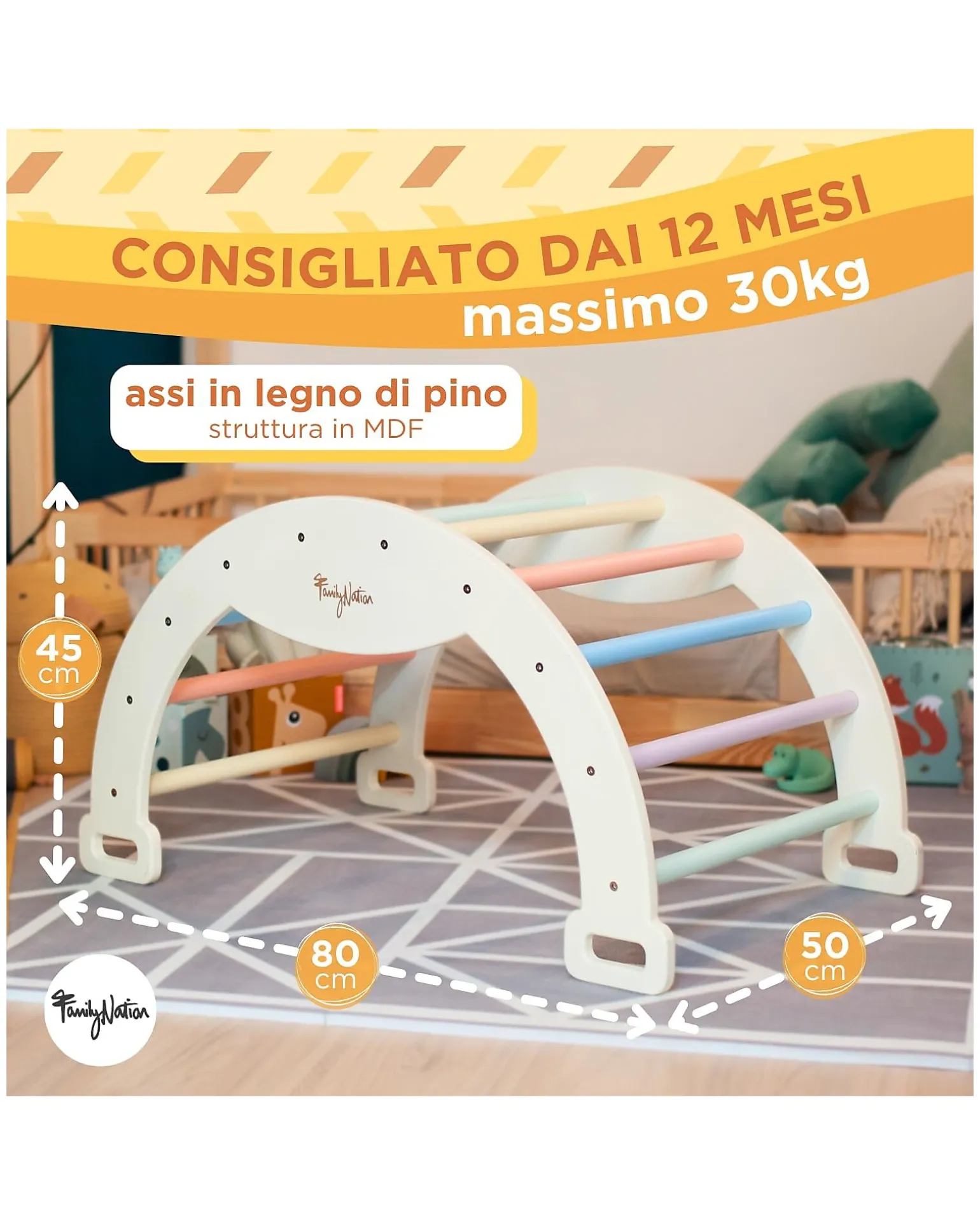 Arco Montessori Rainbow - Cotton Candy + Cuscino - Sviluppa Equilibrio e Agilità