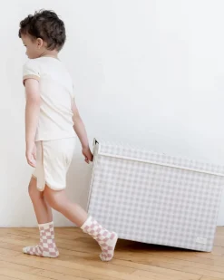 Baule Portagiochi Ripiegabile - Gingham - Beige - 100% Poliestere Riciclato - 62x38x38cm