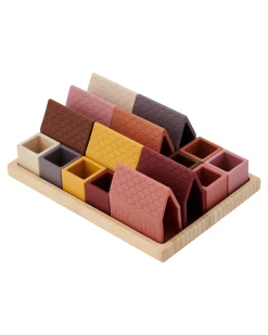 Blocchi per Costruzione Villaggio - Terra - 16 Pezzi - Silicone Alimentare e Bambù Naturale - 0+