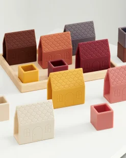 Blocchi per Costruzione Villaggio - Terra - 16 Pezzi - Silicone Alimentare e Bambù Naturale - 0+