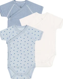 Body Kimono Manica Corta - Pacco da 3 - Bianco e Azzurro - Stelle e strisce - 100% Cotone