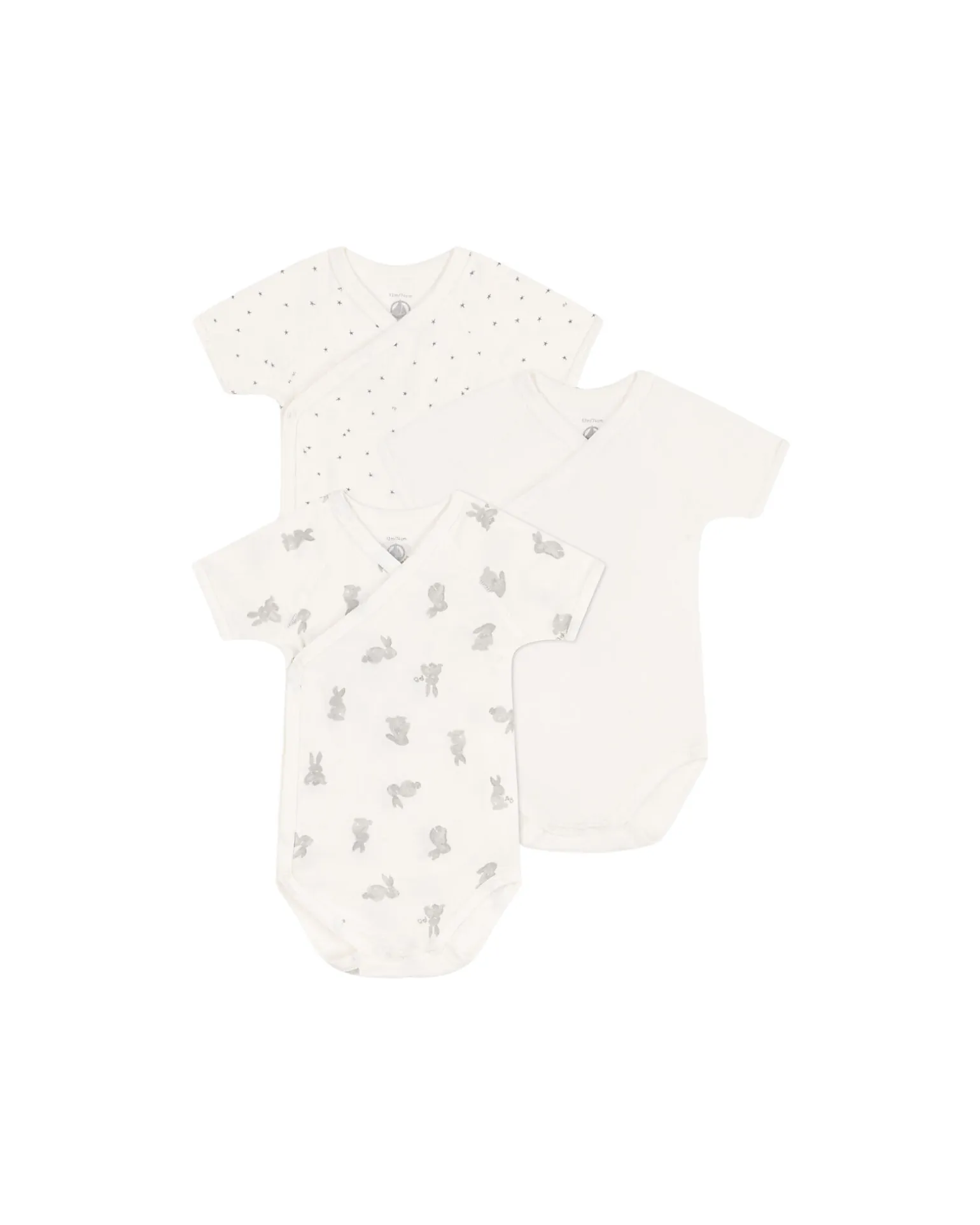 Body Kimono Manica Corta - Pacco da 3 - Bianco - Stelle/Conigli - 100% Cotone