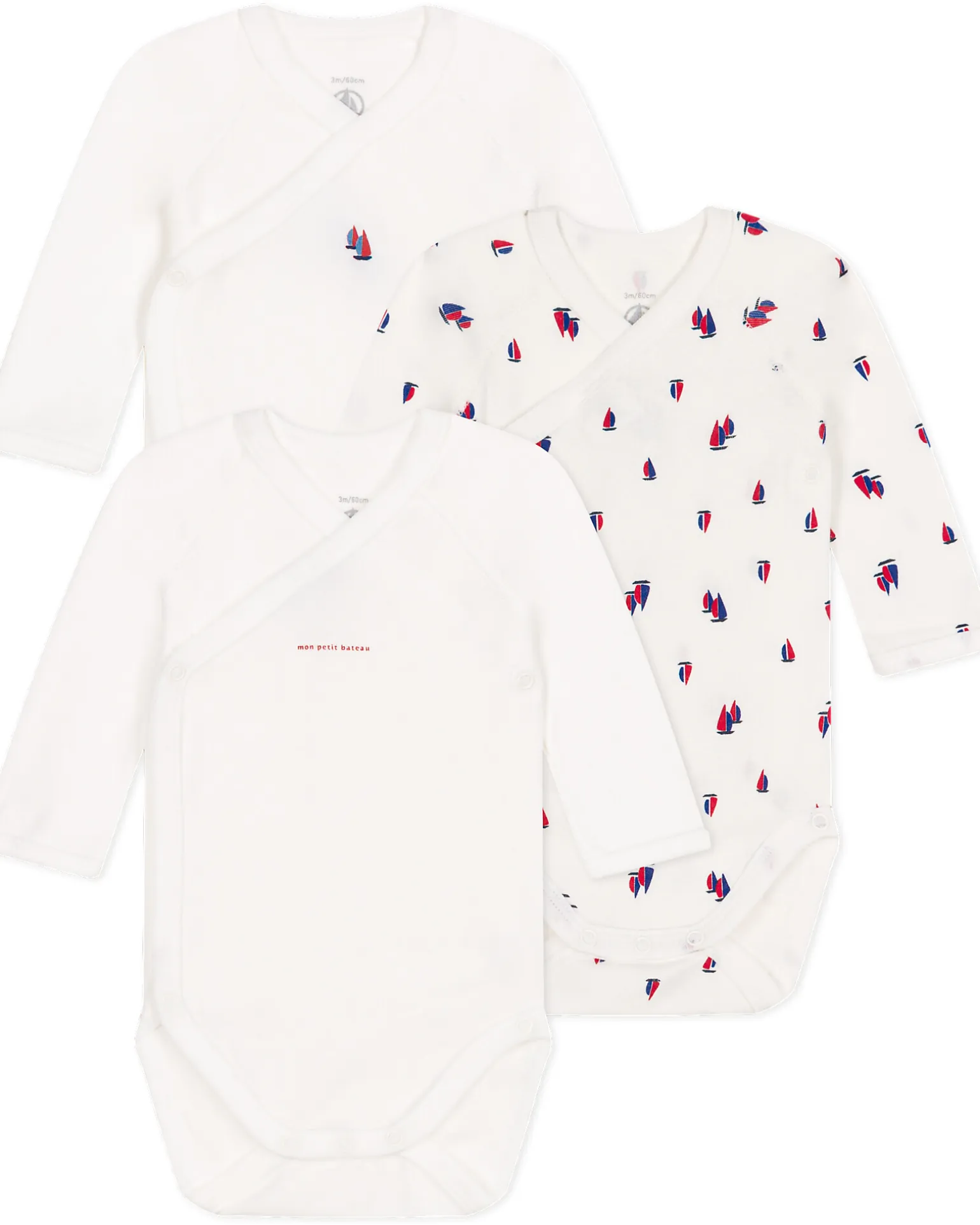 Body Kimono Manica Lunga - Pacco da 3 - Bianco - Barche a Vela - 100% Cotone Bio
