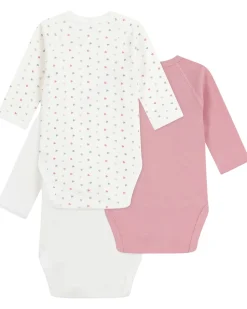 Body Kimono Manica Lunga - Pacco da 3 - Bianco e Rosa - Cuori - 100% Cotone Bio