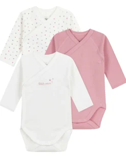 Body Kimono Manica Lunga - Pacco da 3 - Bianco e Rosa - Cuori - 100% Cotone Bio