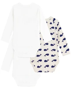 Body Kimono Manica Lunga - Pacco da 3 - Bianco - Balene - 100% Cotone Bio