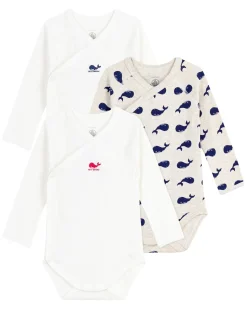 Body Kimono Manica Lunga - Pacco da 3 - Bianco - Balene - 100% Cotone Bio