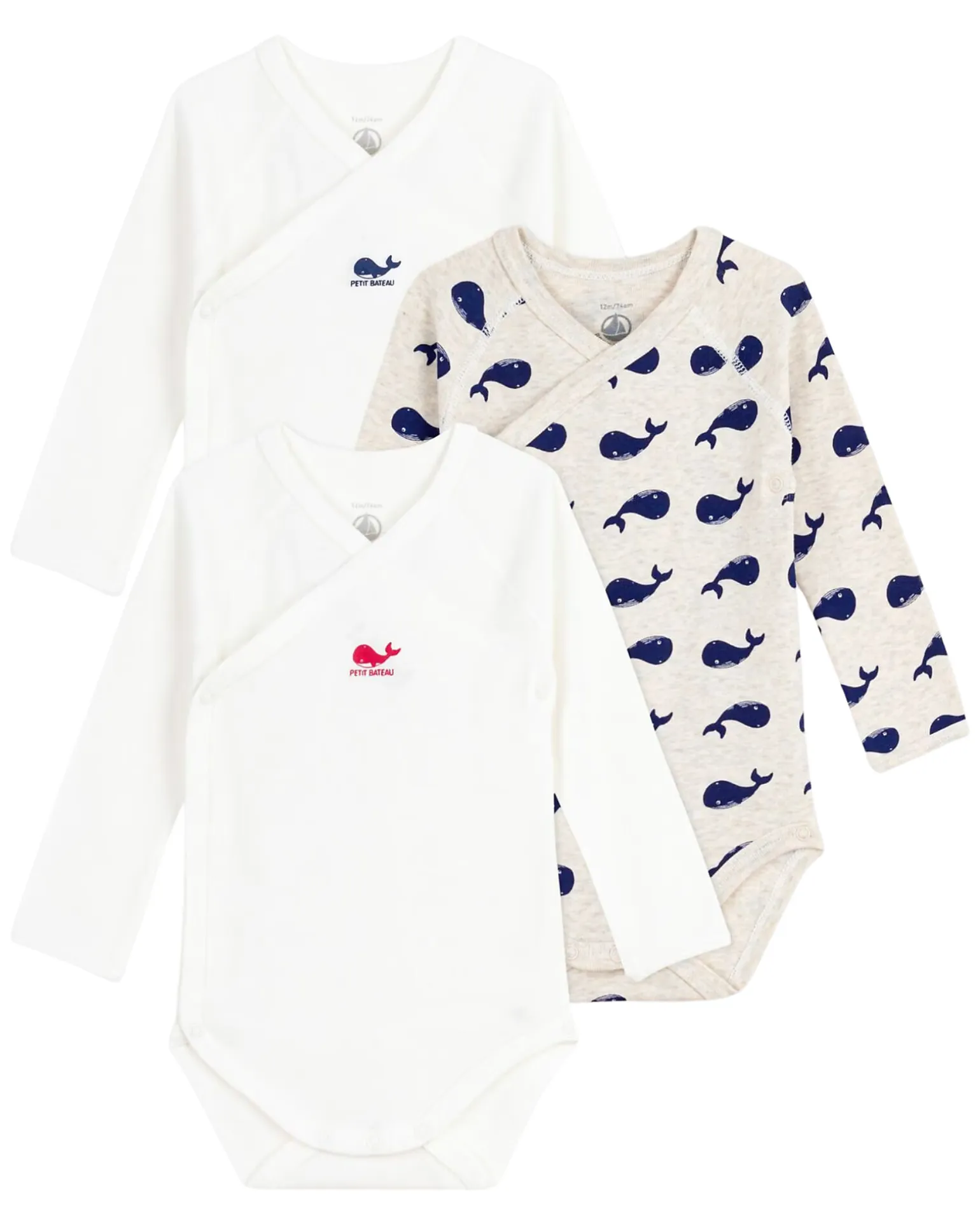 Body Kimono Manica Lunga - Pacco da 3 - Bianco - Balene - 100% Cotone Bio