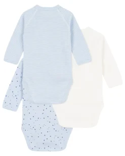 Body Kimono Manica Lunga - Pacco da 3 - Bianco e Azzurro - Stelle e Righe - 100% Cotone Bio