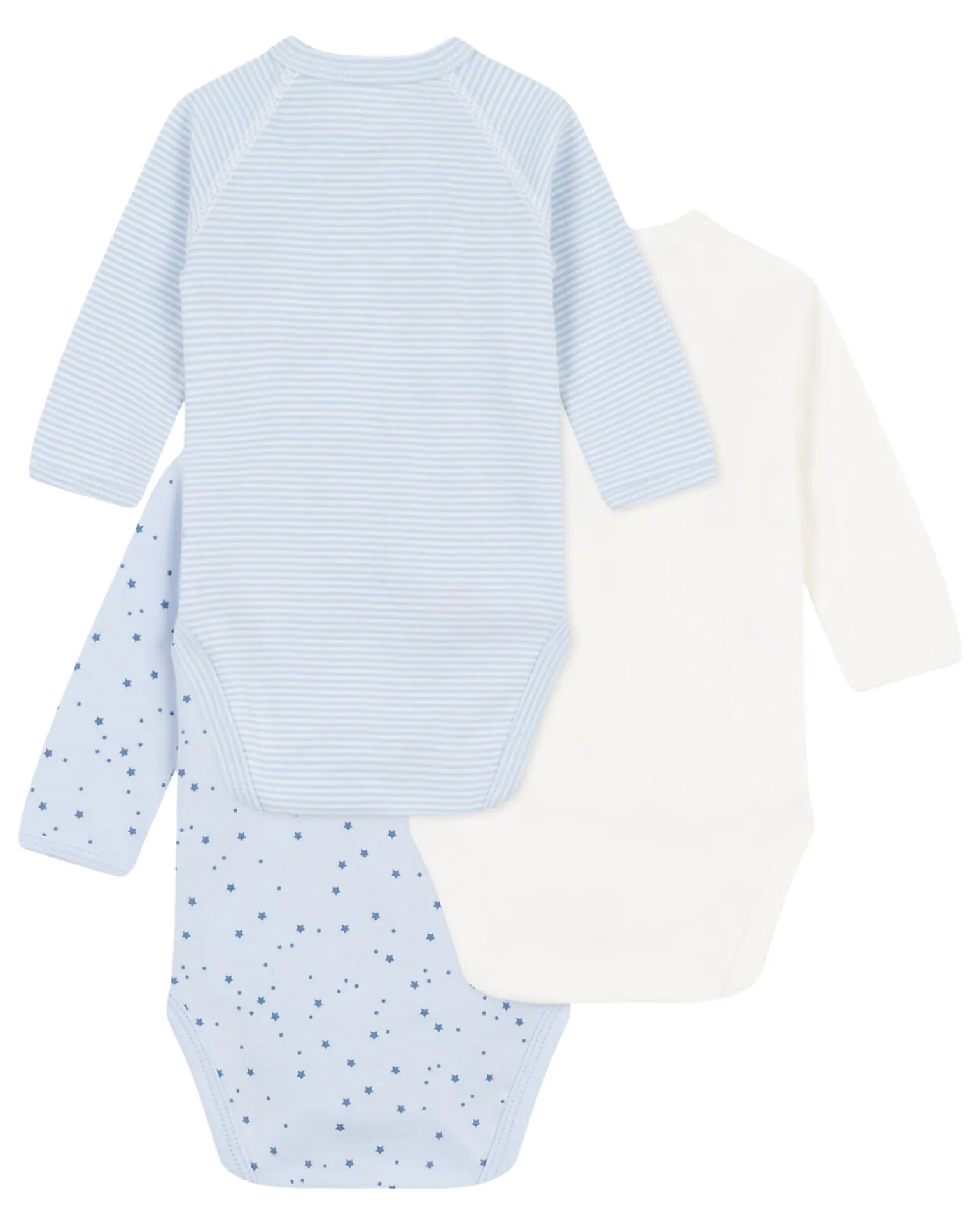 Body Kimono Manica Lunga - Pacco da 3 - Bianco e Azzurro - Stelle e Righe - 100% Cotone Bio