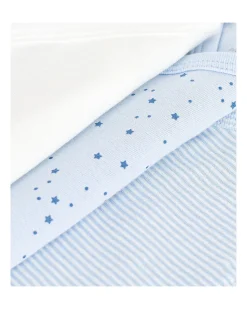 Body Kimono Manica Lunga - Pacco da 3 - Bianco e Azzurro - Stelle e Righe - 100% Cotone Bio