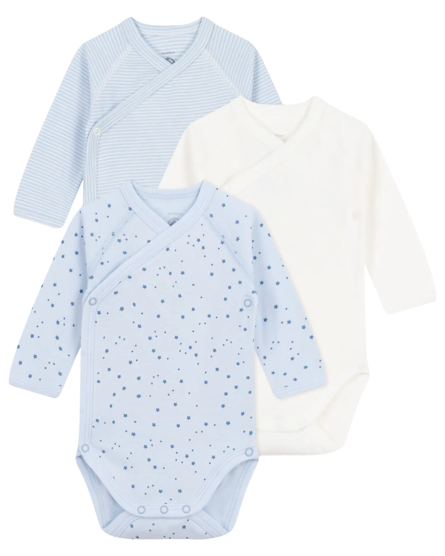 Body Kimono Manica Lunga - Pacco da 3 - Bianco e Azzurro - Stelle e Righe - 100% Cotone Bio