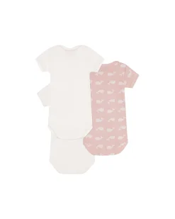 Body Manica Corta - Pacco da 3 - Bianco/Rosa con Balene - 100% Cotone Bio