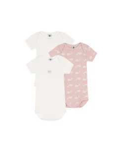 Body Manica Corta - Pacco da 3 - Bianco/Rosa con Balene - 100% Cotone Bio