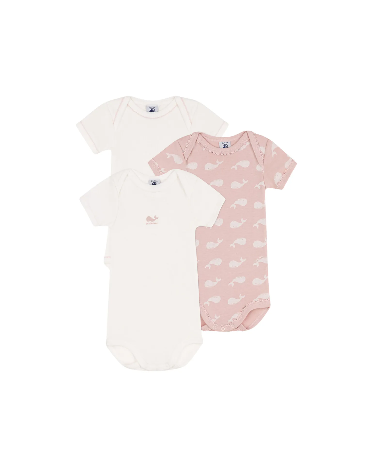Body Manica Corta - Pacco da 3 - Bianco/Rosa con Balene - 100% Cotone Bio