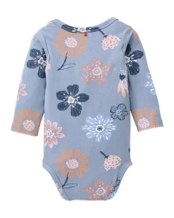Body Manica Lunga con Bottoni - Indaco Fantasia Fiori - Cotone GOTS