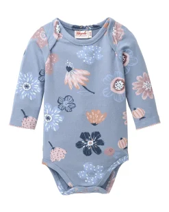 Body Manica Lunga con Bottoni - Indaco Fantasia Fiori - Cotone GOTS
