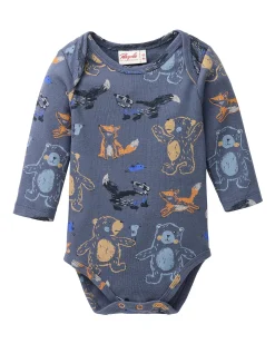 Body Manica Lunga con Bottoni - Blu Fantasia Animali - Cotone GOTS