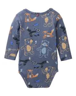 Body Manica Lunga con Bottoni - Blu Fantasia Animali - Cotone GOTS