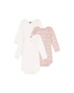 Body Manica Lunga Non Incrociato - Pacco da 3 - Bianco e Rosa - Balene - 100% Cotone Bio