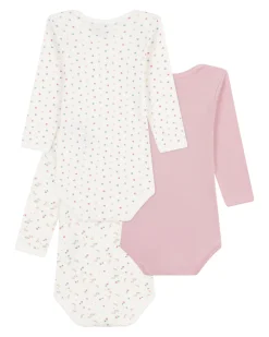 Body Manica Lunga - Pacco da 3 - Bianco Rosa - Fiori - 100% Cotone Bio