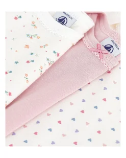 Body Manica Lunga - Pacco da 3 - Bianco Rosa - Fiori - 100% Cotone Bio