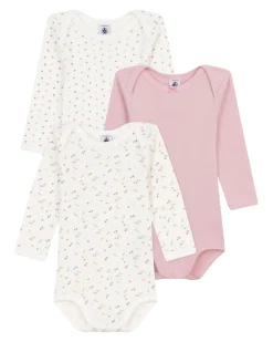 Body Manica Lunga - Pacco da 3 - Bianco Rosa - Fiori - 100% Cotone Bio