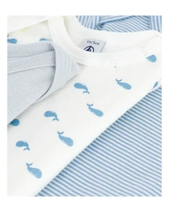 Body Manica Lunga - Pacco da 3 - Bianco Blu e Beige - Millerighe e Balene - 100% Cotone Bio