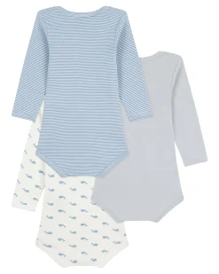 Body Manica Lunga - Pacco da 3 - Bianco Blu e Beige - Millerighe e Balene - 100% Cotone Bio