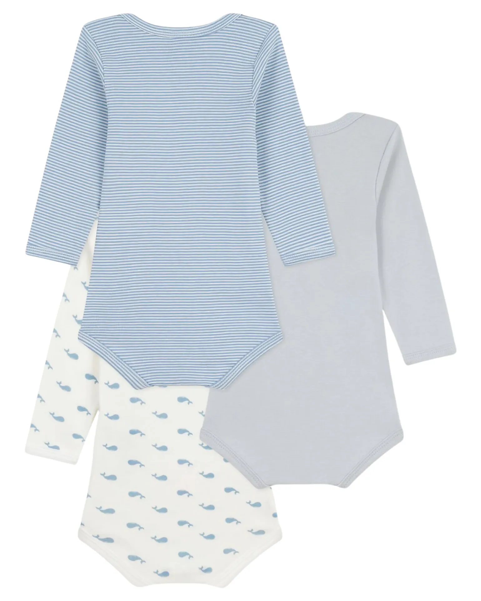 Body Manica Lunga - Pacco da 3 - Bianco Blu e Beige - Millerighe e Balene - 100% Cotone Bio
