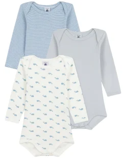 Body Manica Lunga - Pacco da 3 - Bianco Blu e Beige - Millerighe e Balene - 100% Cotone Bio
