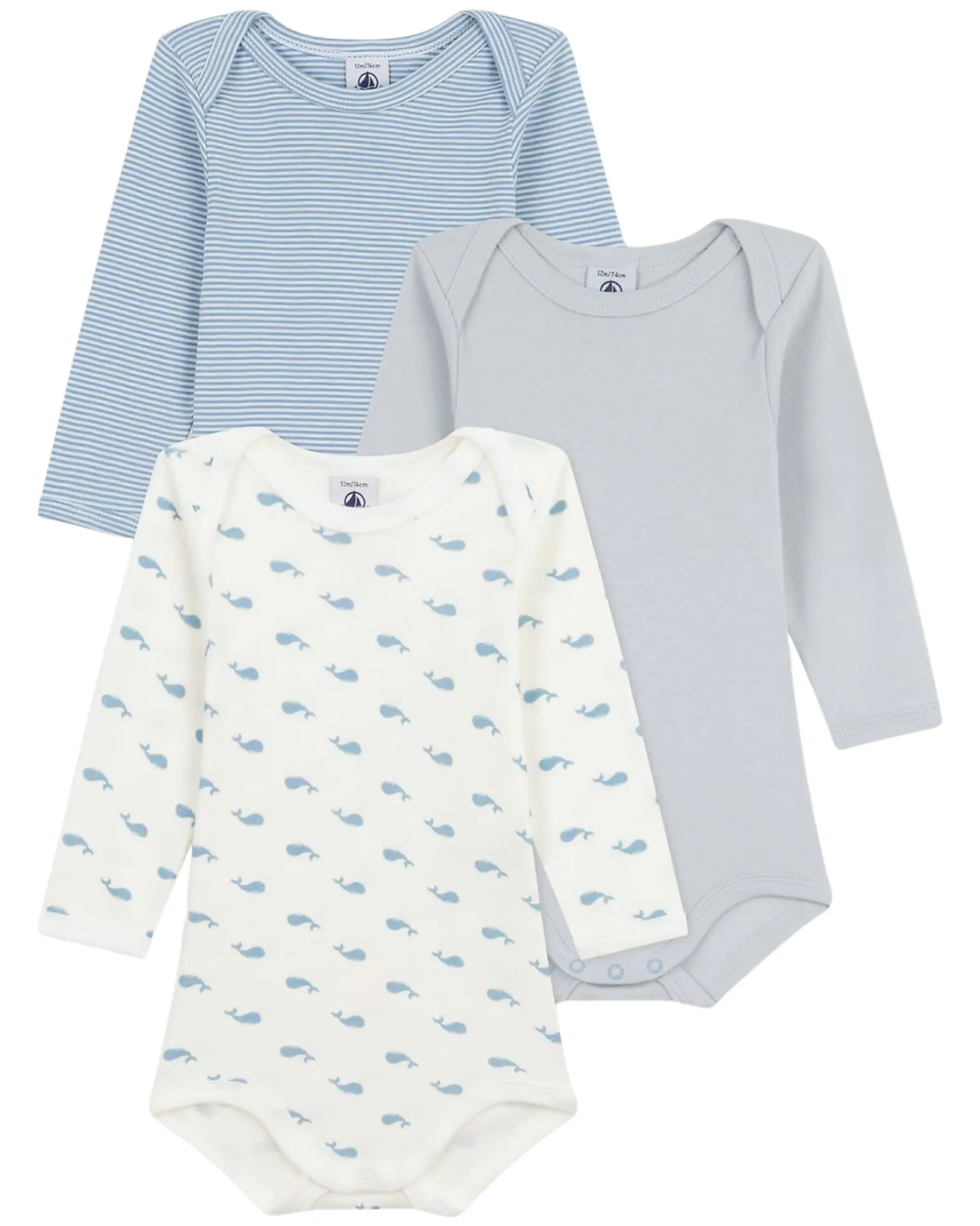 Body Manica Lunga - Pacco da 3 - Bianco Blu e Beige - Millerighe e Balene - 100% Cotone Bio