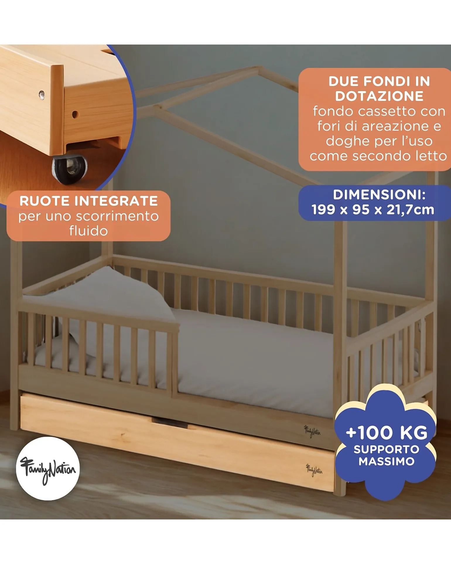 Cassettone/Letto Estraibile Montessori Evi per Letti 200 x 90 cm - Doghe incluse