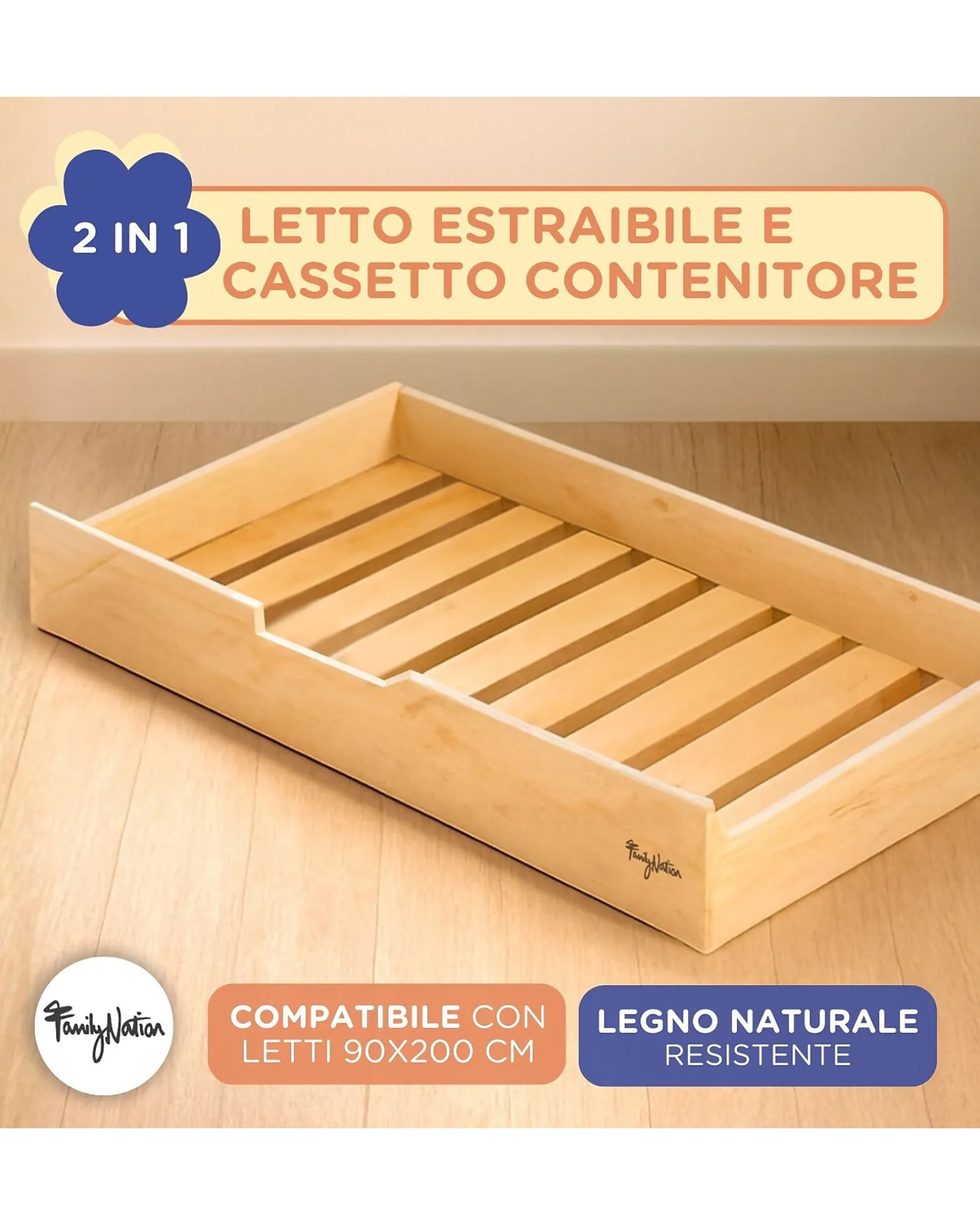 Cassettone/Letto Estraibile Montessori Evi per Letti 200 x 90 cm - Doghe incluse