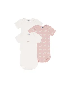 Confezione da 3 Body Manica Corta - Bianco/Rosa - Fantasia Balena - 100% Cotone Organico