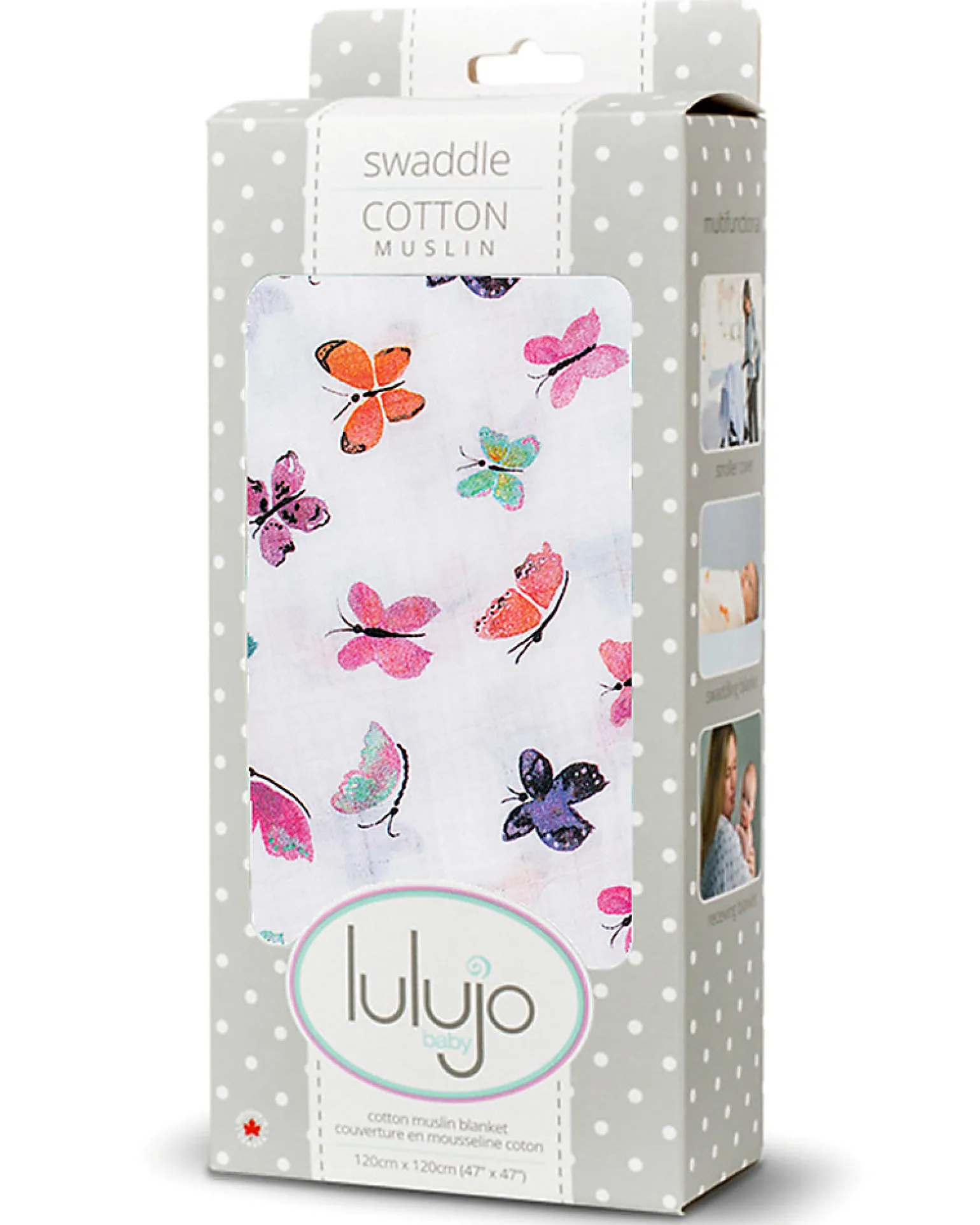 Copertina Swaddle 120 x 120 cm, Farfalle - 100% mussola di cotone