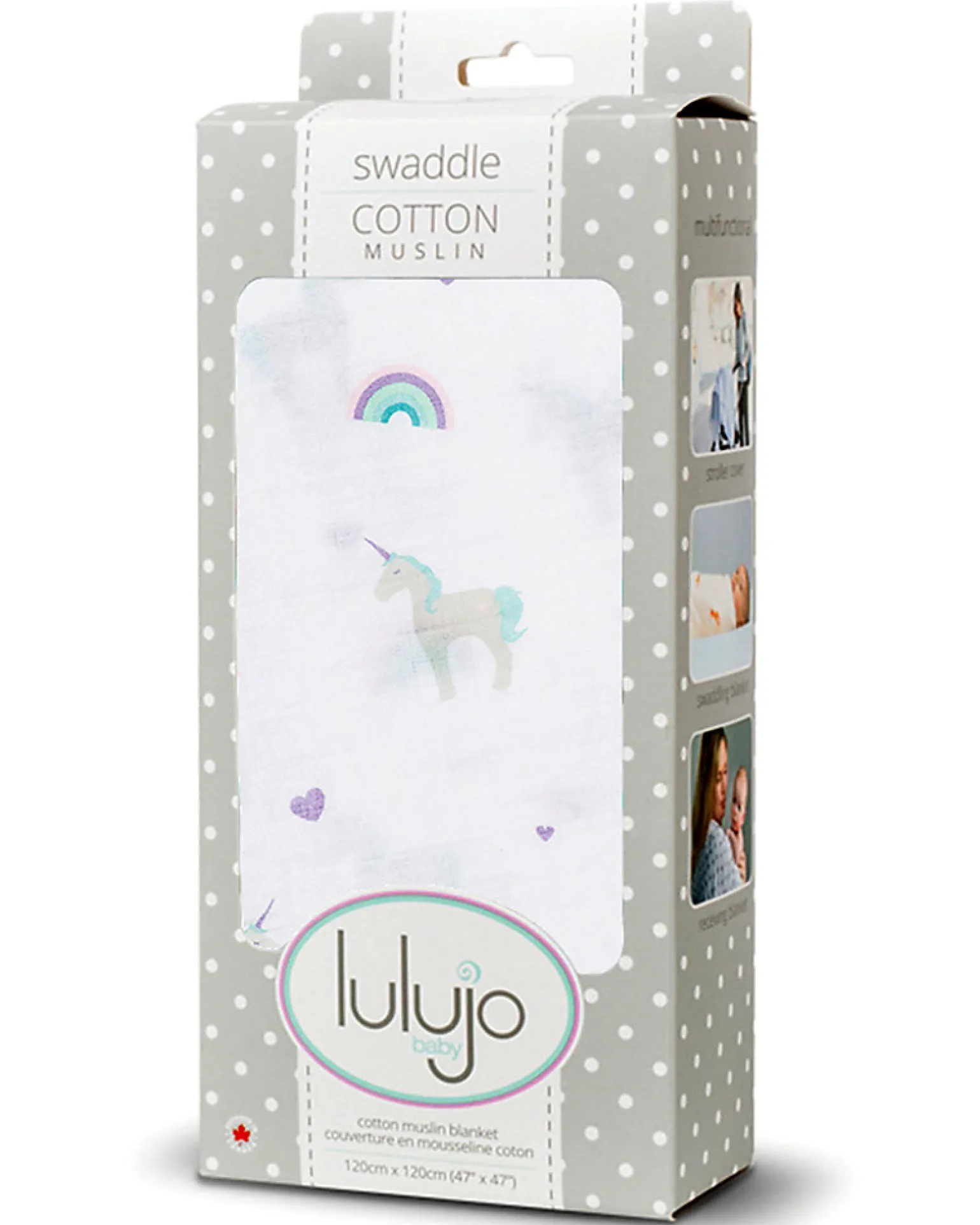 Copertina Swaddle 120 x 120 cm, Unicorni - 100% mussola di cotone