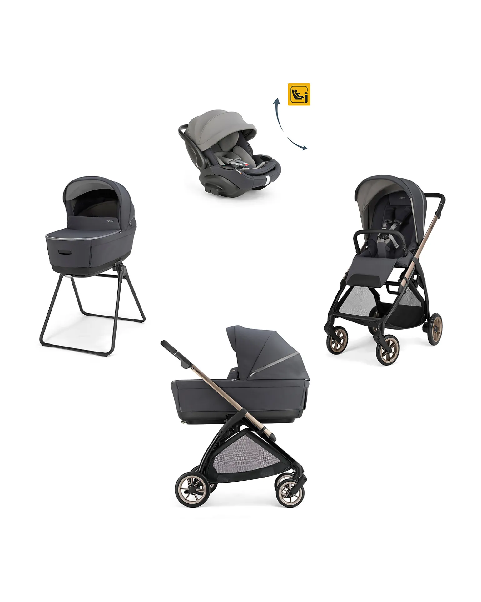 Electa System Quattro - Garage Grey - Passeggino + Culla Standup + Seggiolino Auto Darwin Recline EVO + Telaio Bronze Black