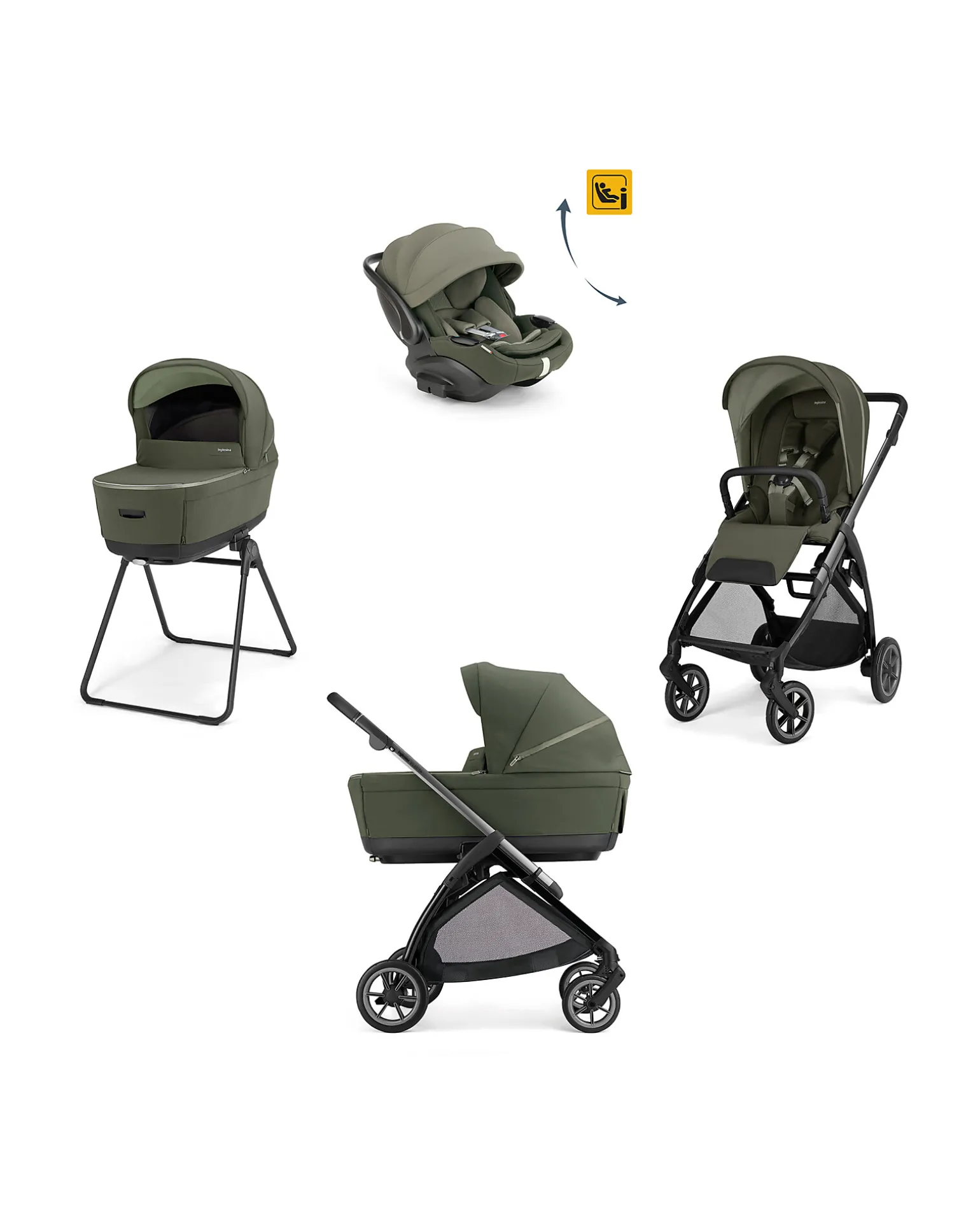 Electa System Quattro - Loft Green - Passeggino + Culla Standup + Seggiolino Auto Darwin Recline EVO + Telaio Iron Black