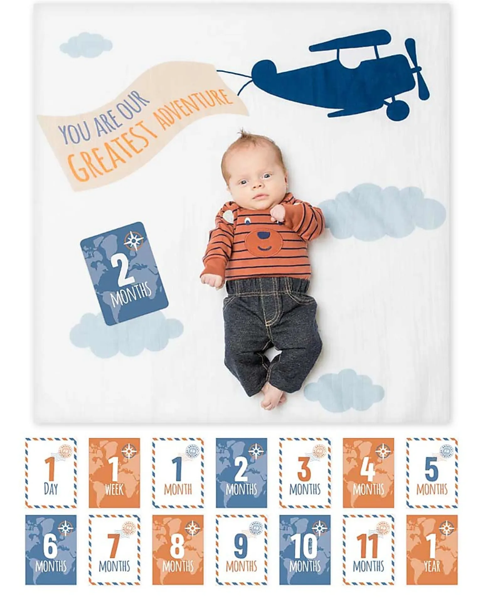 Kit Primo Anno Greatest Adventure - Copertina Swaddle in Mussola di Cotone + 14 Cards - Per i bebé più social!