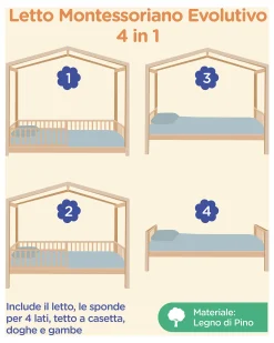 Letto Montessori Evolutivo Evi 4 in 1 - 200x90 cm - Tutto incluso - dalla Nascita a 99 anni