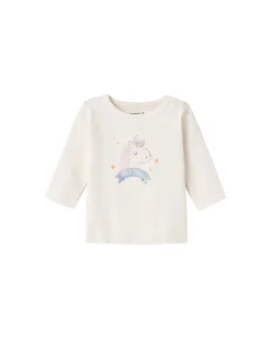 Maglia a Maniche Lunghe con Stampa Unicorno - Crema - Cotone Biologico