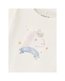 Maglia a Maniche Lunghe con Stampa Unicorno - Crema - Cotone Biologico