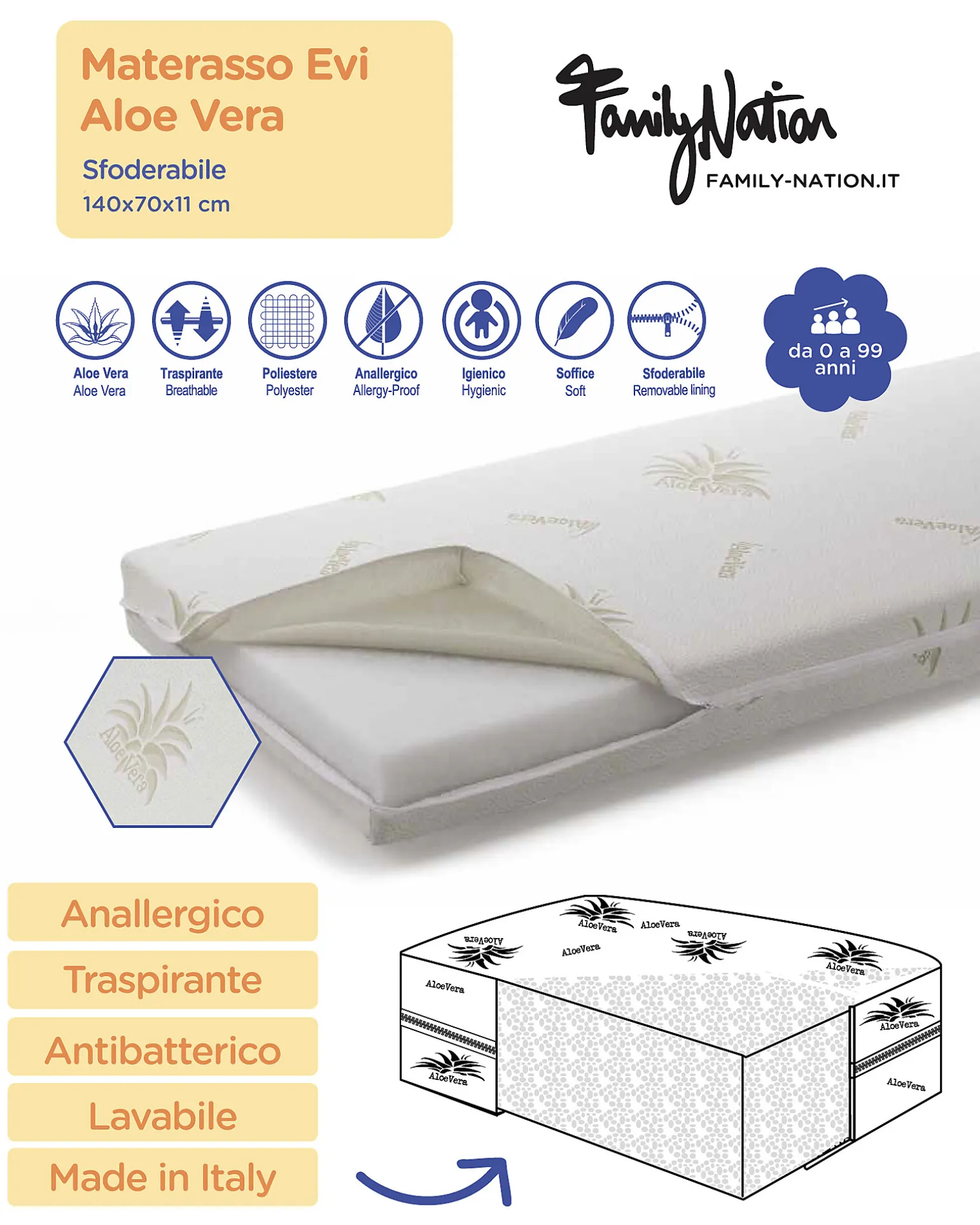 Materasso Evi 11 cm 140x70 - Aloe Vera - Sfoderabile - per Letto Montessori Evolutivo Evi 4 in 1