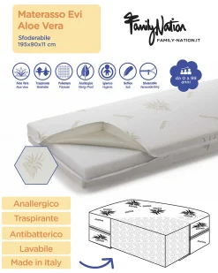 Materasso Evi per Cassettone/Letto - 11 cm 195x90 - Aloe Vera - per Letto Estraibile Montessori