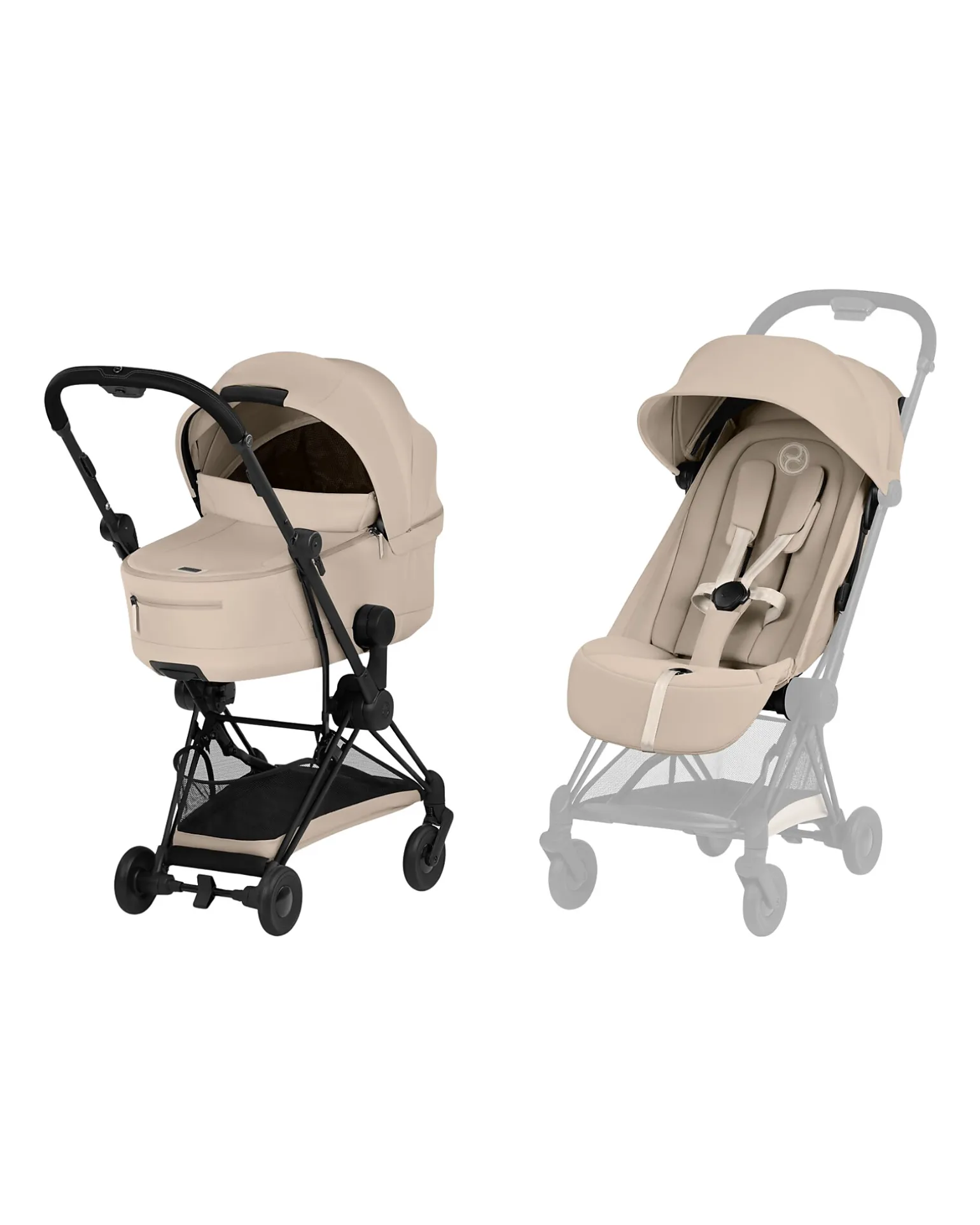 Passeggino 2 in 1 Coya con Navicella - Cozy Beige - Telaio Matt Black - dalla Nascita ai 4 anni