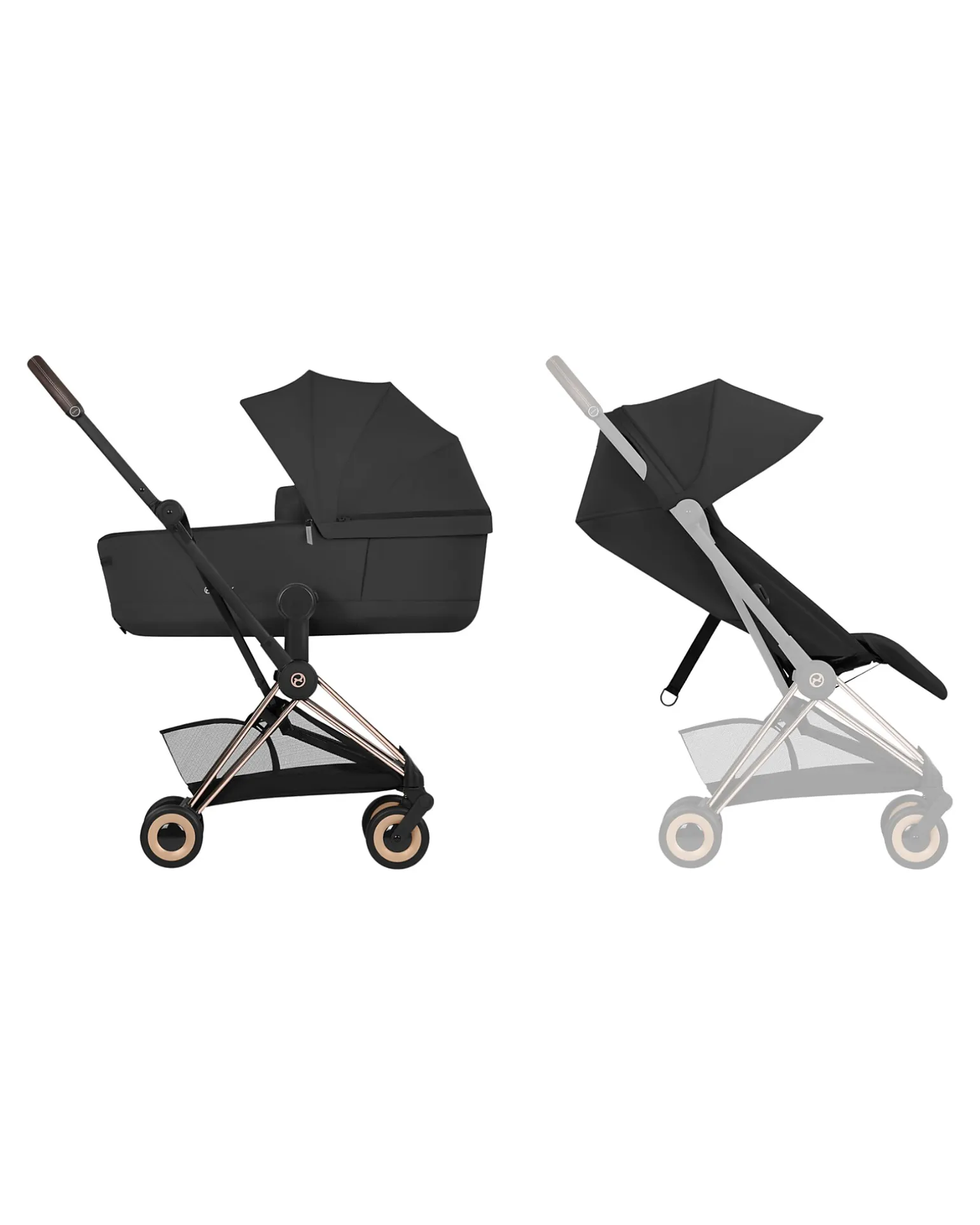 Passeggino 2 in 1 Coya con Navicella - Sepia Black - Tela io Rosegold - dalla Nascita ai 4 anni