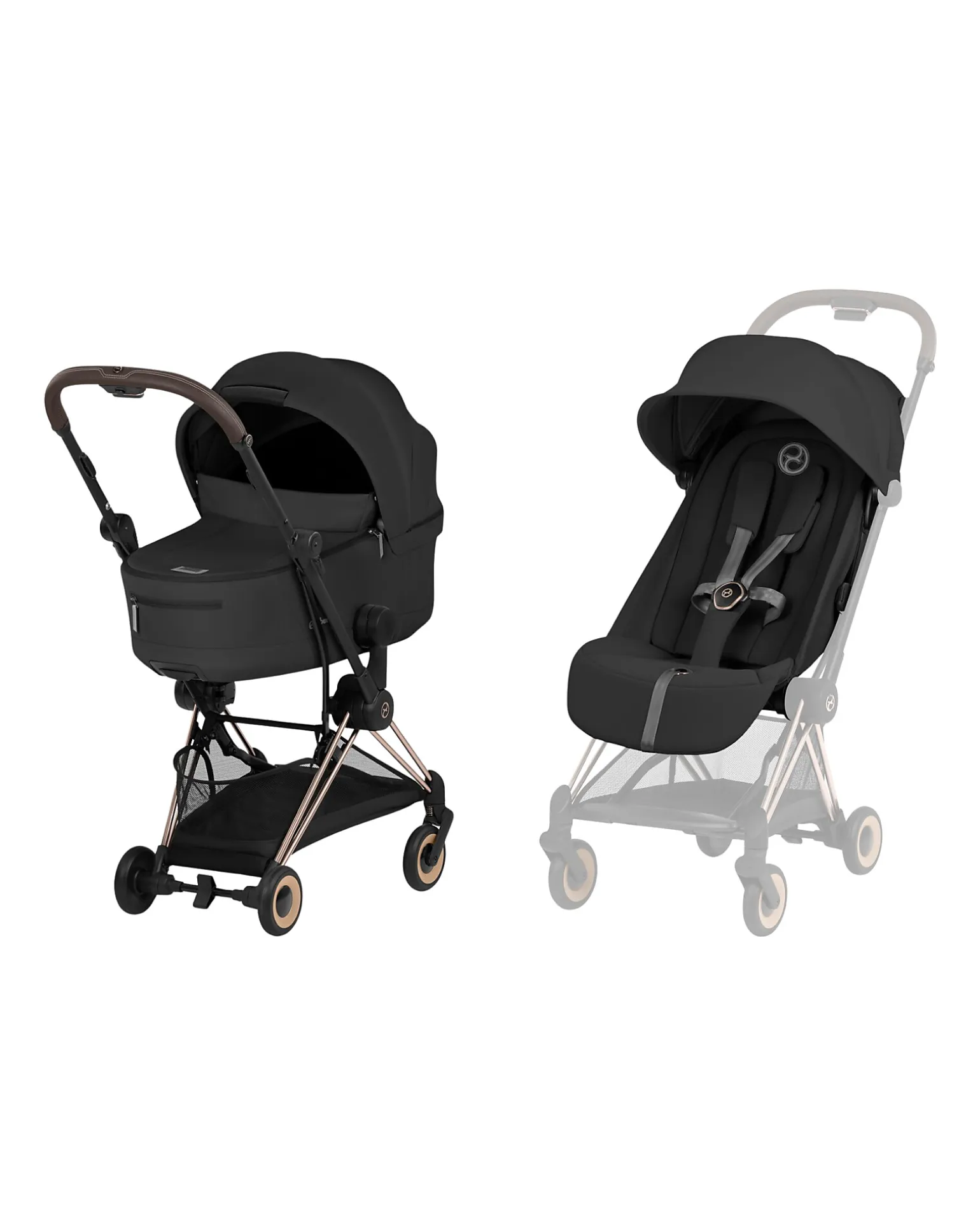 Passeggino 2 in 1 Coya con Navicella - Sepia Black - Tela io Rosegold - dalla Nascita ai 4 anni